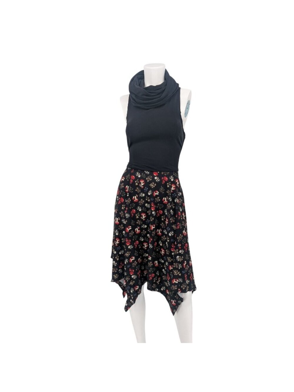 Cowl Neck Mushroom Print Midi Dress Whimsigoth Y2K Asymmetric Sleeveless Medium